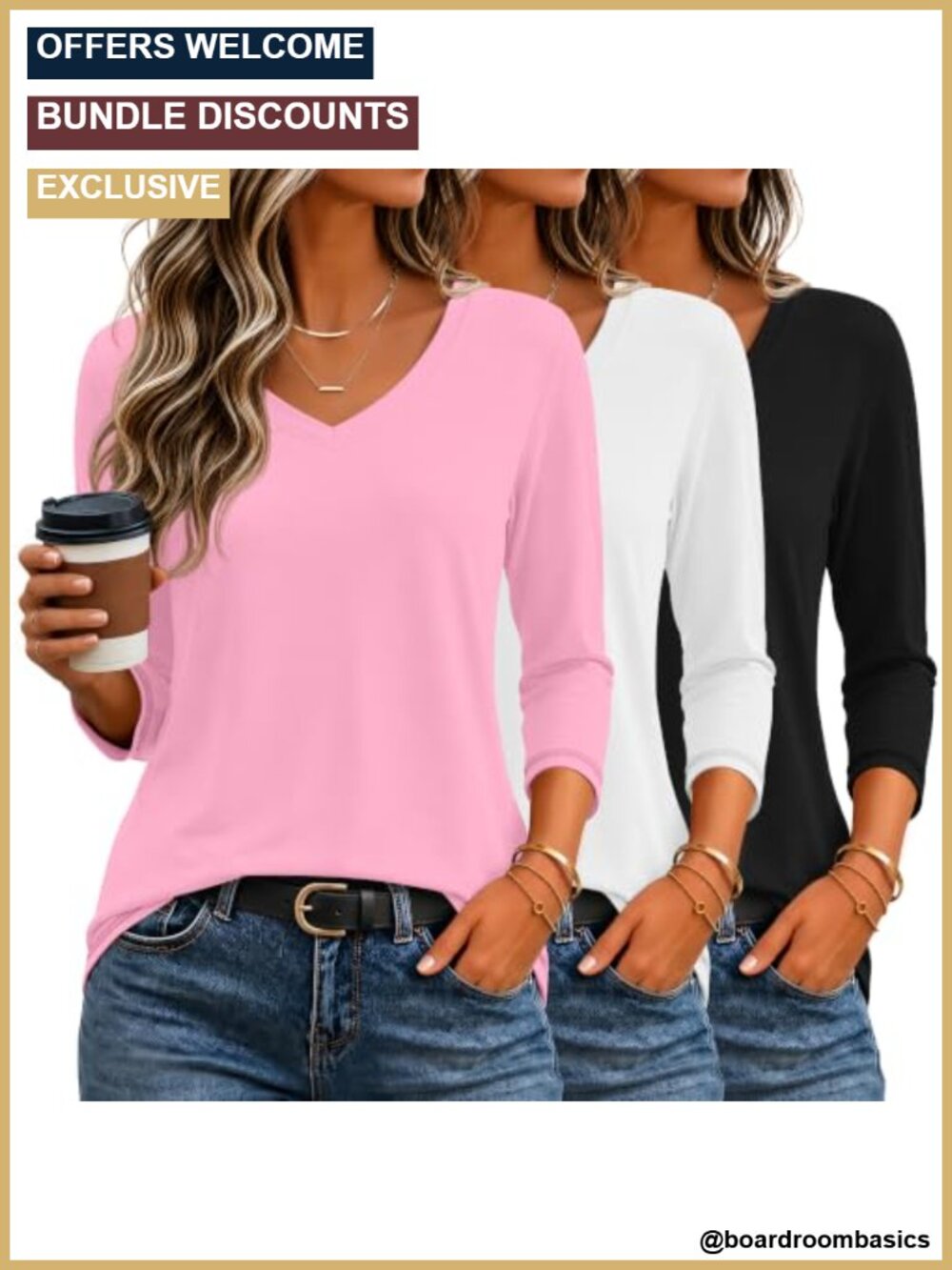 3/4 Sleeve V Neck Tops Polyester Cotton Spandex Casual Work Shirts
